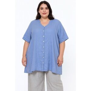 Maggie Barnes Linen Blend Tunic Top 22W Blue Button Front Lagenlook Minimalist